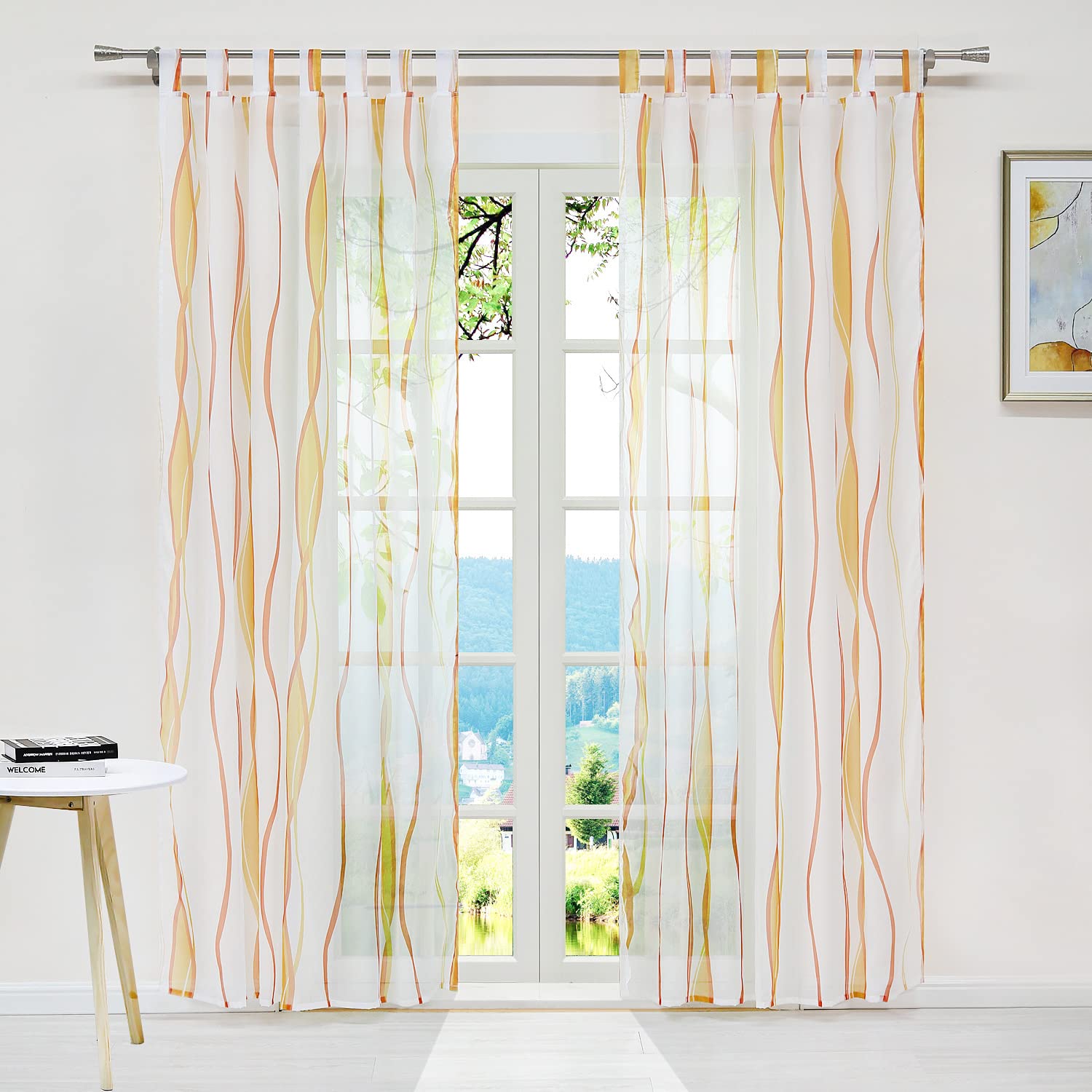 ESLIR Tab-Top Curtains with Loops, Transparent Voile Pattern, Orange, 140 x 245 cm, 1 Piece — image 1