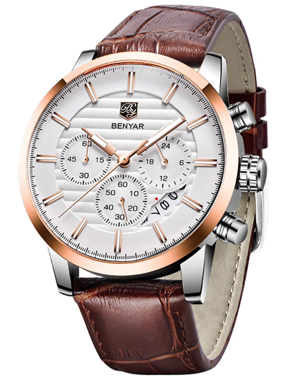 BENYAR Mens Watches Quartz Chronograph Business Brand Waterproof Wristwatches Fashion Brown Leather Watches for Men (Leather Gold White) — image 1