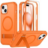 WAVELIFE for iPhone 15/14/13 Case with Stand, Heavy Duty Protection Orange | 1x Glass Screen Protector, 2-Layer Durable Bumper, Built-in Kickstand, Magnetic with MagSafe, Matte Shockproof Phone Case