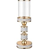 Dounx Pillar Candle Holder with Glass Wind Proof, Metal Hurricane Holders, Gold Crystal Candle Stand for Table Centerpieces, Home Decor, Wedding, Dining Table (M, 1PC, for Pillar Candles up to 3"x5")