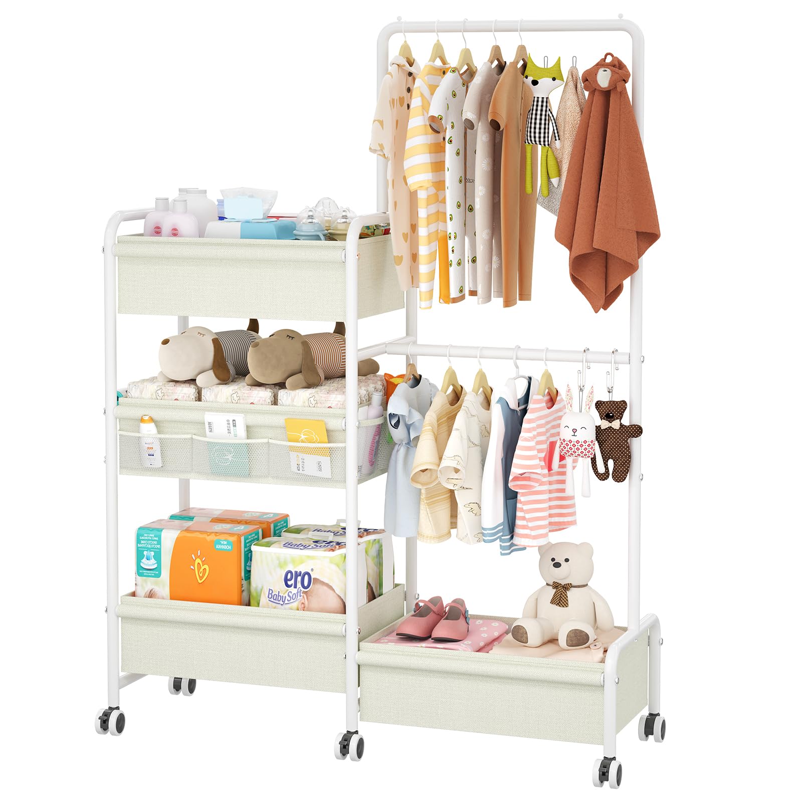 Photo 1 of 2in1 Baby Diaper Caddy & Clothes Organizer and Storage Rolling Cart, Large Capacity Nursery Organization For Baby Dresser,Changing Table, Crib, With 2 Dividers & 7 Pockets,White
