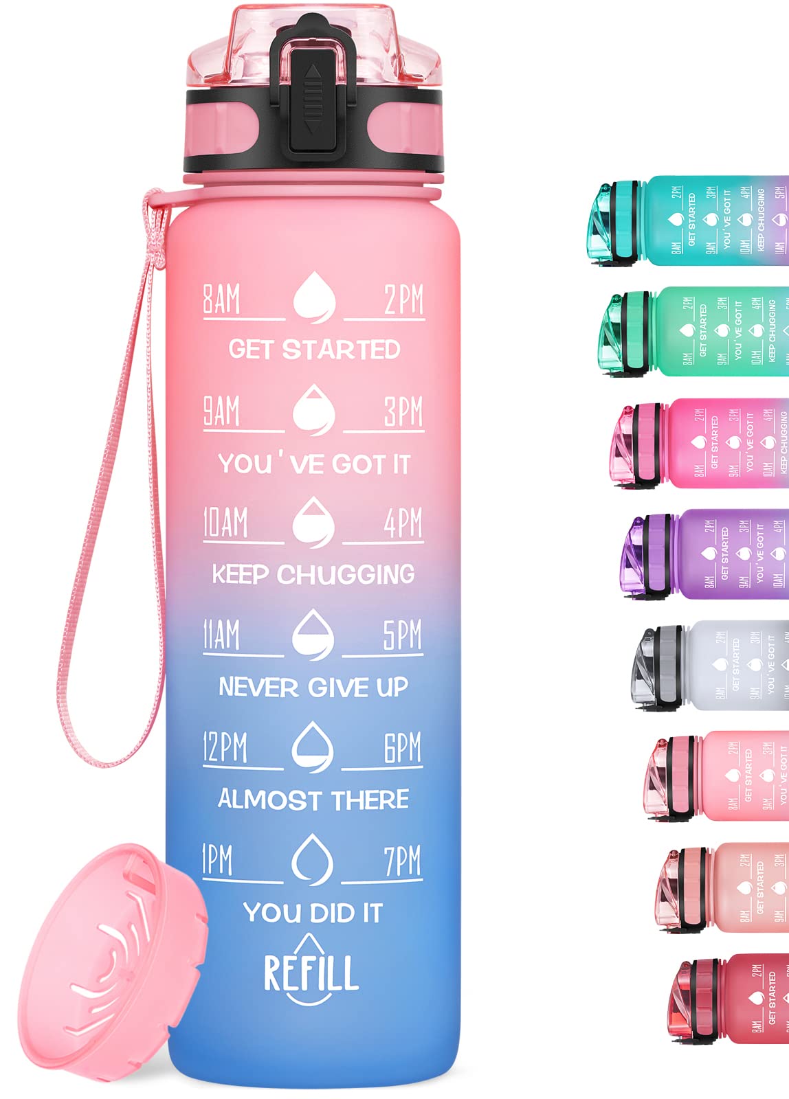 HydroPal 1L Sports Water Bottle, Slim Plastic Motivational Drink Bottle with Filter, Leakproof Water Bottle with Time Markings for Gym, Travel, School, Office, BPA-free (Pink blue, 1000 ml)