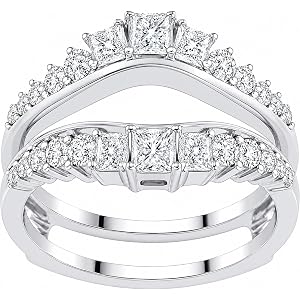 925 Sterling Silver Lab Created Diamond Ring Enhancer Princess Cut Graduated Cluster Crown Ring Guard Solitaire Wedding Band