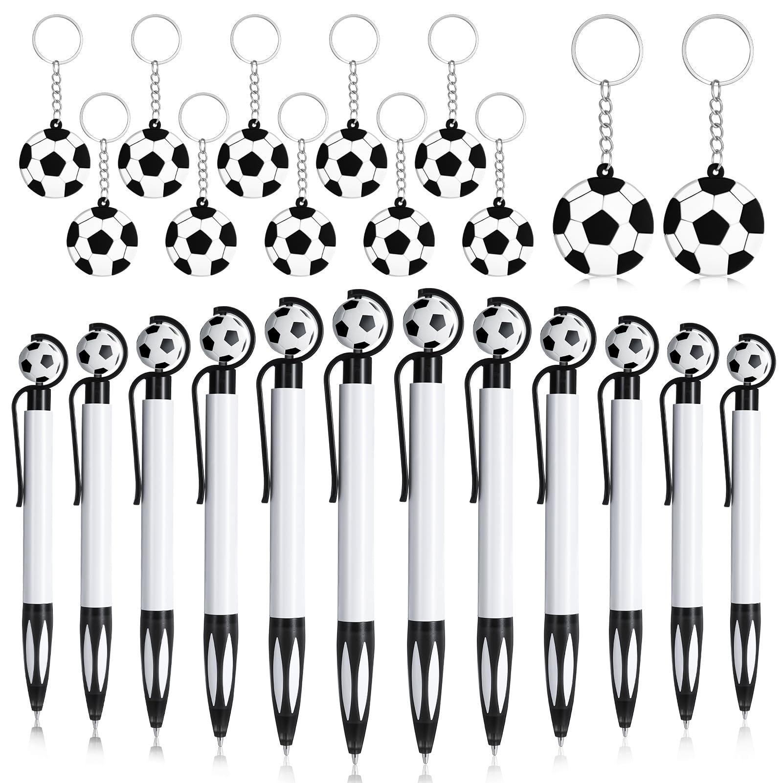 Meng Jiaran 12Pcs Football Pens Soccer Ballpoint Pen Retractable with 12Pcs Soccer Keychain,1.0mm Black Ink Rollerball Pens Football Stationery for Student School Soccer Party Favors Bags Fillers