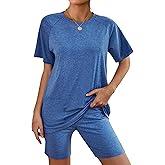 Ekouaer Two Piece Sets for Women Summer Outfits 2026 Lounge Set Crew Neck Tshirts Biker Short Sweatsuit with Pocket