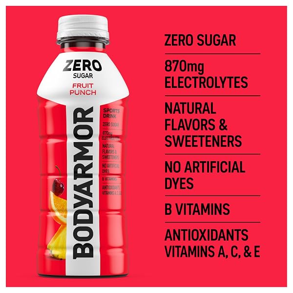 BODYARMOR ZERO SUGAR FRUIT PUNCH, SUGAR FREE SPORTS DRINK – LOW-CALORIE HYDRATION – NATURAL FLAVORS WITH POTASSIUM PACKED ELECTROLYTES, ANTIOXIDANTS, AND B-VITAMINS, 20 FL OZ (PACK OF 6)
