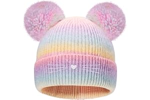 POP YOUR DREAM Girls Rainbow Pompom Beanies Hats, Embroidered Cat Knit Beanie Hat for Kids Snow Ski Skull Cap Age 3-14