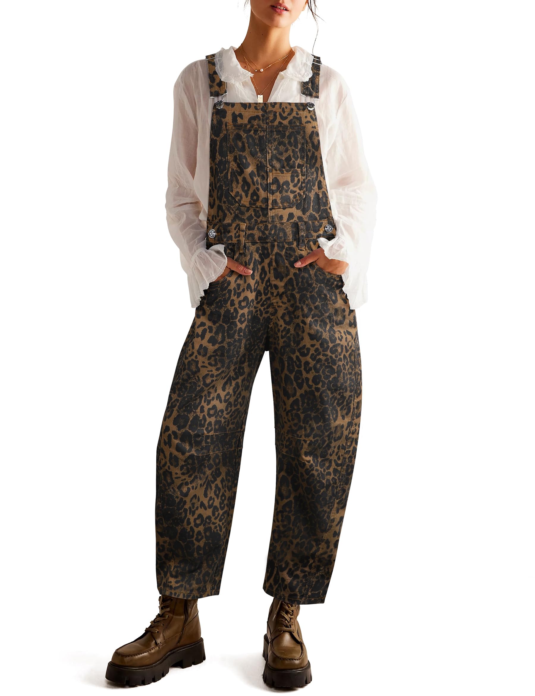 Photo 1 of Qazel Vorrlon Denim Overalls for Women Leopard Print Barrel Wide Leg Bib Baggy Jeans Adjustable Romper Stretch Cheetah Y2K Pants