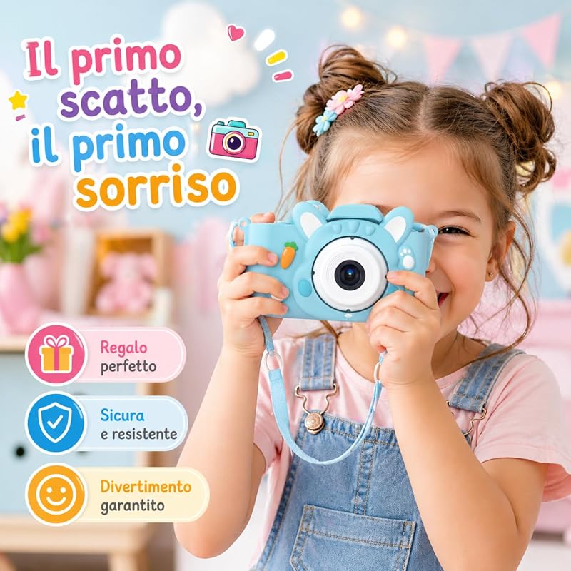 KidsCamera Bibi el Conejo 2K – Cámara fotográfica para niños a partir de 3 años con tarjeta de memoria de 4 GB incluida, fotos, vídeos, juegos y filtros – Primera cámara digital regalo cumpleaños niña