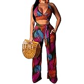Elegant Two Piece Sets for Women Sexy Printing Halter Bandage Top Long Straight Pants Vacation Outfits Beach