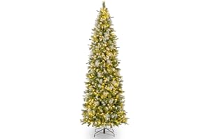 Goplus 9ft Pre-Lit Pencil Christmas Tree, Artificial Hinged Xmas Tree with 1228 Flocked Frosted Tips, 470 Warm-White LED Lights, Metal Stand, Fake Slim Christmas Trees for Office Home Decoration