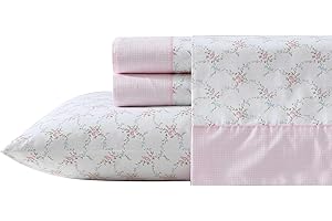 Laura Ashley - Queen Sheet Set, Crisp & Cool Cotton Percale Bedding with Deep Pockets, Lightweight for Year Round Comfort, Bed Sheets with Matching Pillowcases (Lynda Pink)