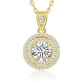 Moissanite Necklace for Women, 1-4CT S925 Sterling Silver Moissanite Pendant, 18K Gold Plated Halo White Gold Necklace- 18"+ 2" Extender Chain- Birthday Valentines Day Gifts for Her Women Wife Mom