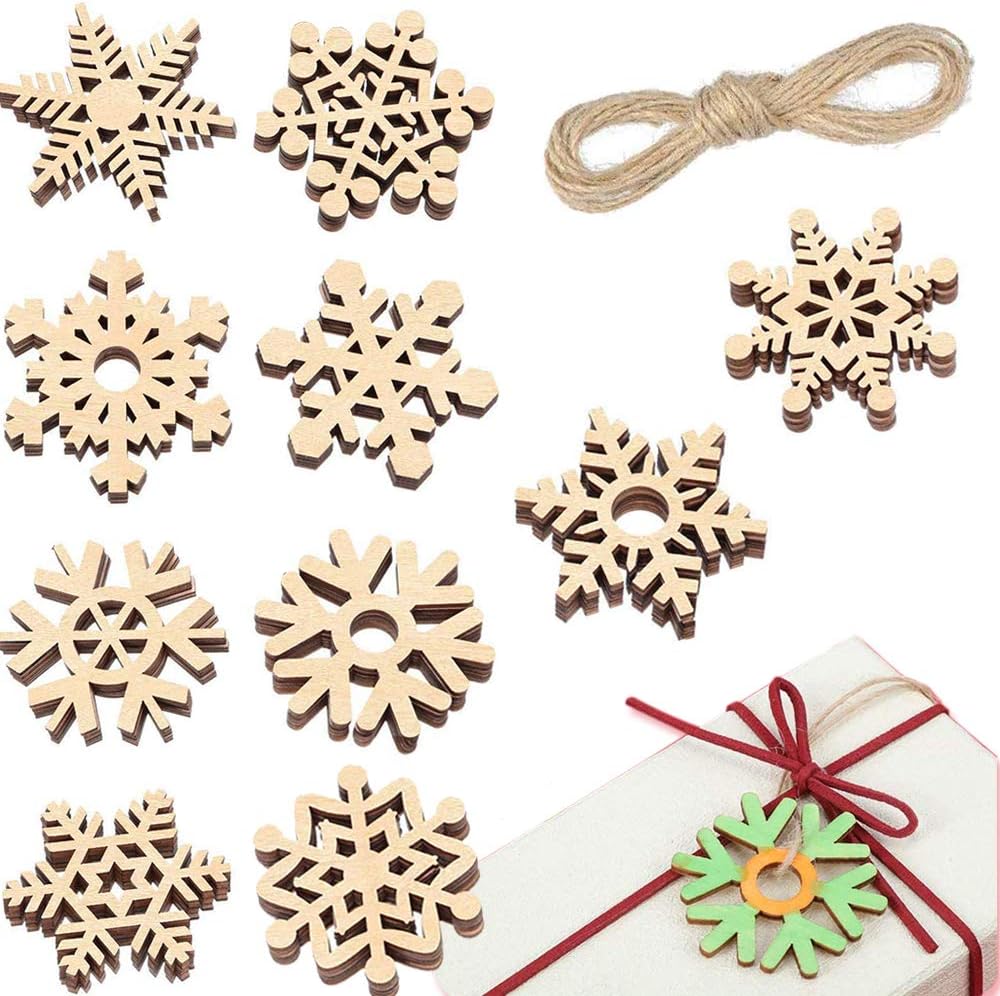 Ornaments - T-Antrix 50pcs DIY Wooden Snowflakes Unfinished Wood Ornaments Cutouts Christmas Wood Snowflake for Christmas Decoration Christmas Tree Hanging Embellishments and Craft DIY with Strings