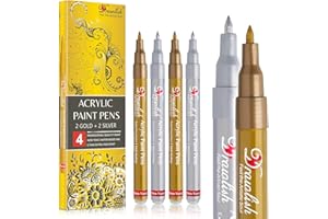 DRAWLISH Acrylic Paint Pens - Permanent Markers 2 Gold Pens & 2 Silver Paint Marker Pens Set of 4 Acrylic Pens 0.7mm Extra Fine Tip - Ideal for Rock Painting, Fabric, Glass, Wood, Canvas, Ceramic, Porcelain