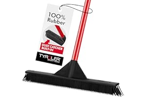 Tyroler Rubber Broom with a Flat Blade Dust Catcher | 41.5cm 100% Rubber Head | 4 Part Anti-Rust Handle Carpet Rake | Ideal M
