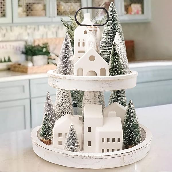 CHRISTMAS DECORATIONS – CHRISTMAS VILLAGE SETS OF 5 LIGHTED CERAMIC HOUSES WITH REMOTE CONTROL & 9 TREES – INDOOR WHITE XMAS HOLIDAY RUSTIC UNIQUE DECOR FOR HOME TABLE ROOM FARMHOUSE DECORATION