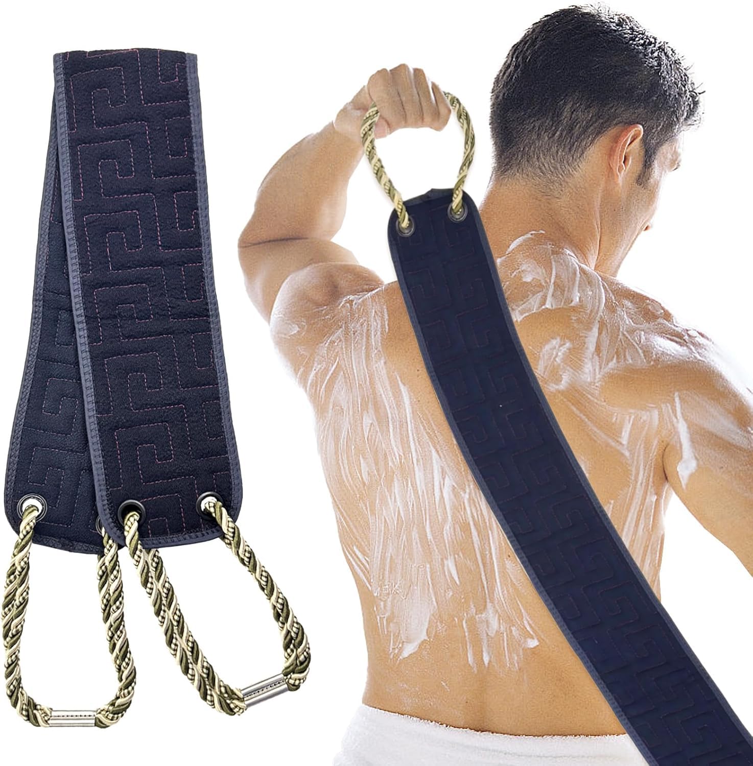 MJFENDAI 37 Inches Double Shower Back Scrubber with Handles, Deep Exfoliator for Men & Women Exfoliation (Black)