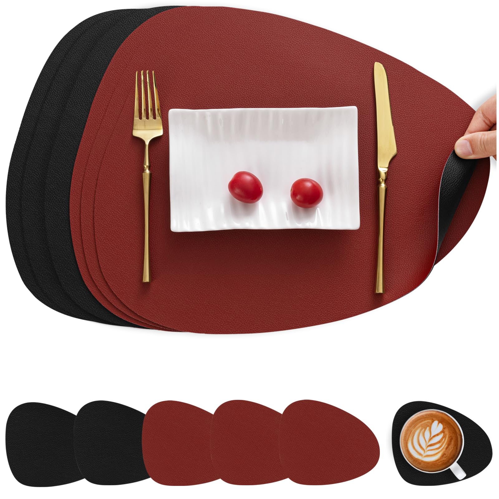 Myir JUN Leather Table Mats and Coasters, Placemat Round PU Waterproof Dual-Sided Kitchen Place Mats Coffee Mats Non-Slip Washable Placemats and Coaster Sets 6 (Set of 6, Red Black)