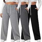 August Alley 3 Pack Women's Plus Size Wide Leg Yoga Pants, Baggy High Waist Lounge Pants, Drawstring Sweatpants with Pockets