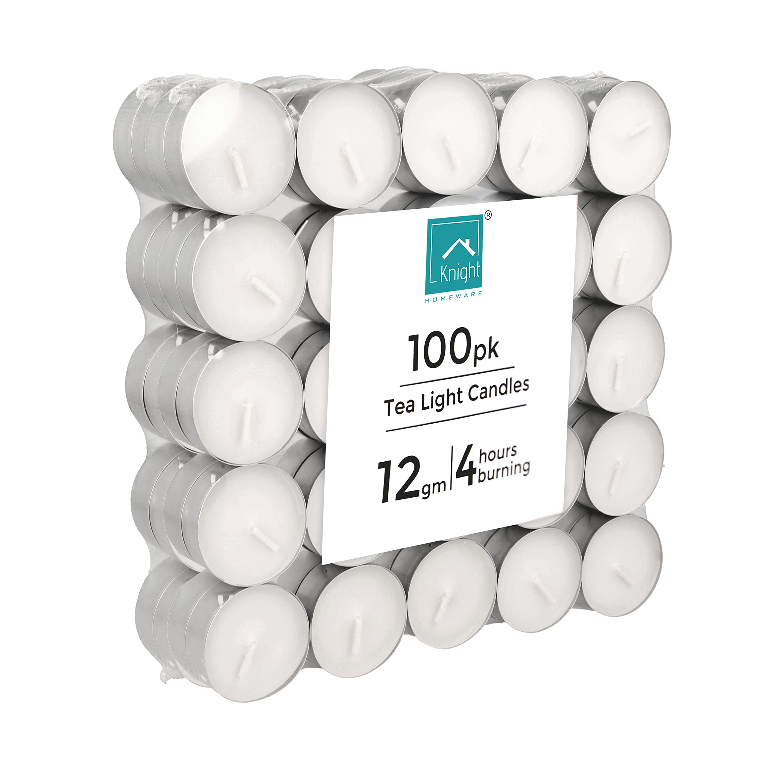 Knight Unscented Tea Light Candles, Organic Premium Grade Paraffin Wax Tealights, Perfect for Home Decoration Parties Wedding Events Outdoor and Indoor (Burning Time: 4 Hours, 100pck)