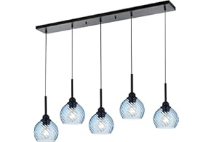 MILUCES 5 Light Island Lighting Fixtures Hanging with Blue Striped Swirl Globe Glass, Black Linear Hanging Pendant Light Fixture Farmhouse Chandelier for Dining Room Bar Living Room