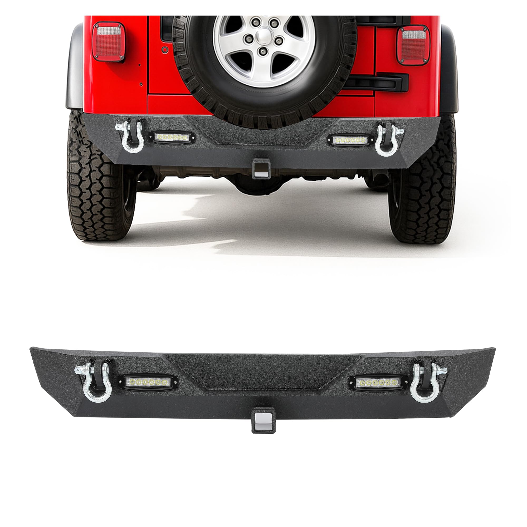 Photo 1 of **UNTESTED & Missing Parts**
ECOTRIC Rear Bumper Compatible With 1987-2006 Jeep Wrangler YJ TJ w/ 2 LED Lights & 2" Hitch Receiver D Rings Steel Rear Bumper