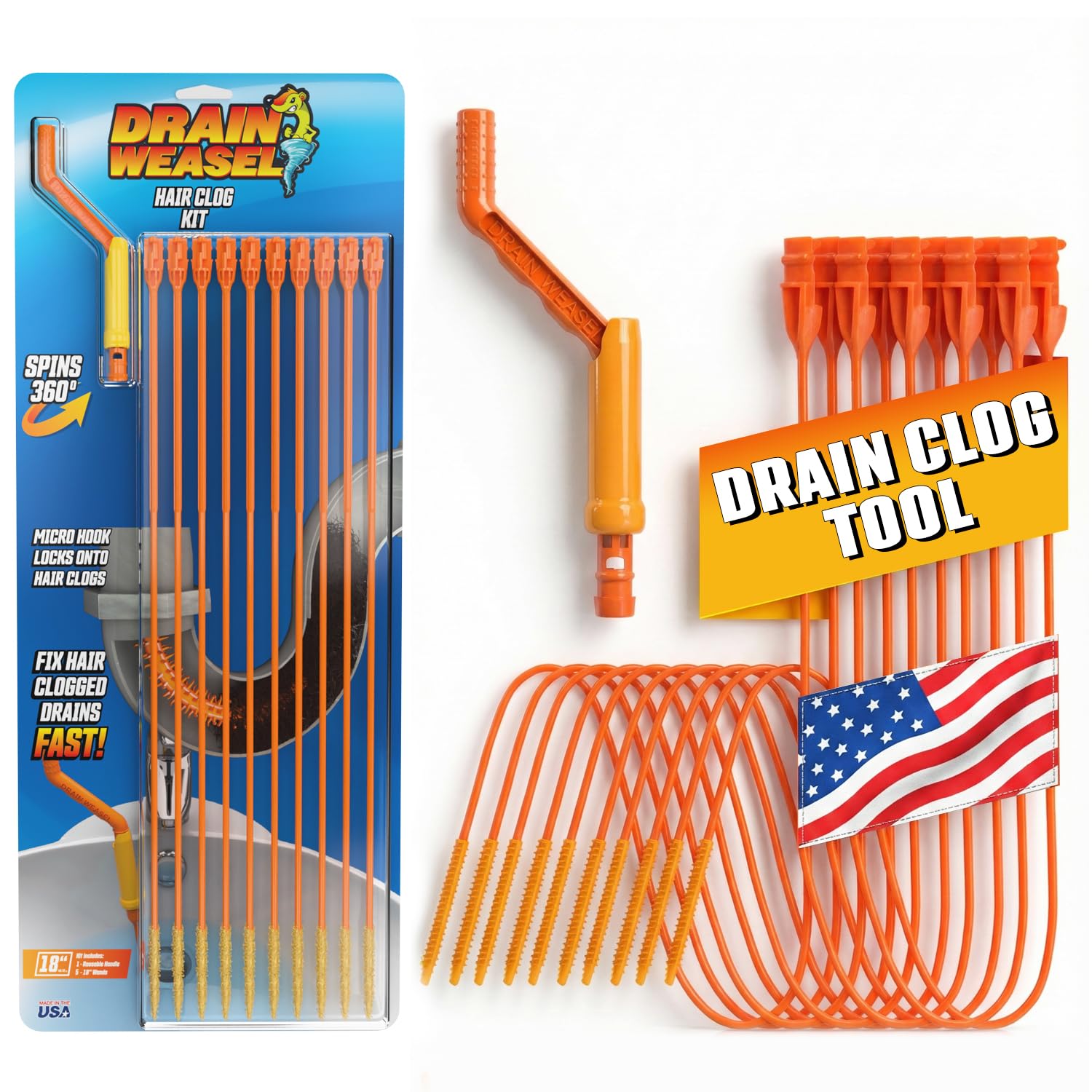 FlexiSnake Drain Weasel Sink Snake Hair Clog Remover Tool Kit, 10 Wands