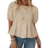 Tankaneo Womens Puff Sleeve Peplum Babydoll Tops Summer Smoked Pleated Cotton T-Shirts Casual Loose Fit Flowy Blouse