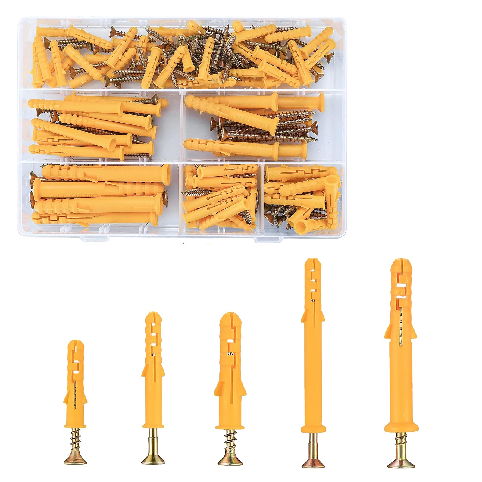 90pcs Wall Plugs & Screws Set, 5 Different Sizes of M8/M6 Plastic Anchors for Brick, Concrete and Drywall, Includes 45 Self Tapping Fasteners and 45 Expansion Bolts in Storage Box