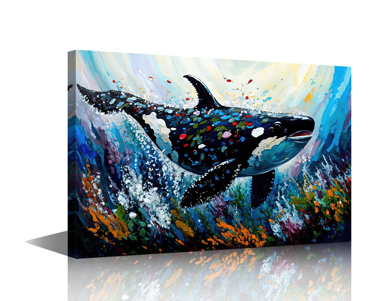 Orca Fish Canvas Wall Art Animal with Color Splash Oil Painting Style Poster Prints for Living Room Bedroom Home Wall Decoration Stretched Ready to Hang 24 x16Inch