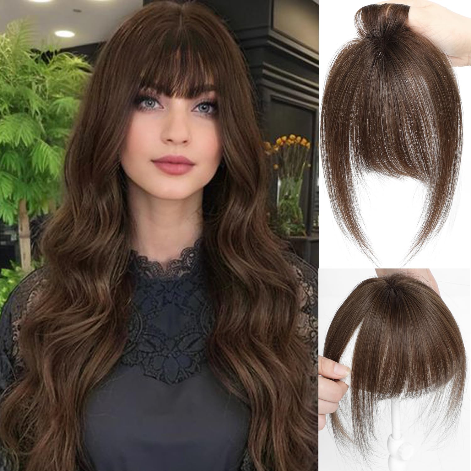 SEA SINGING Clip in Bangs Real Human Hair Extensions Air Bangs Hairpiecesfor Thinning Hair Women Real Hair 360°Clip on Bangs for Daily Wear Medium Brown — image 1