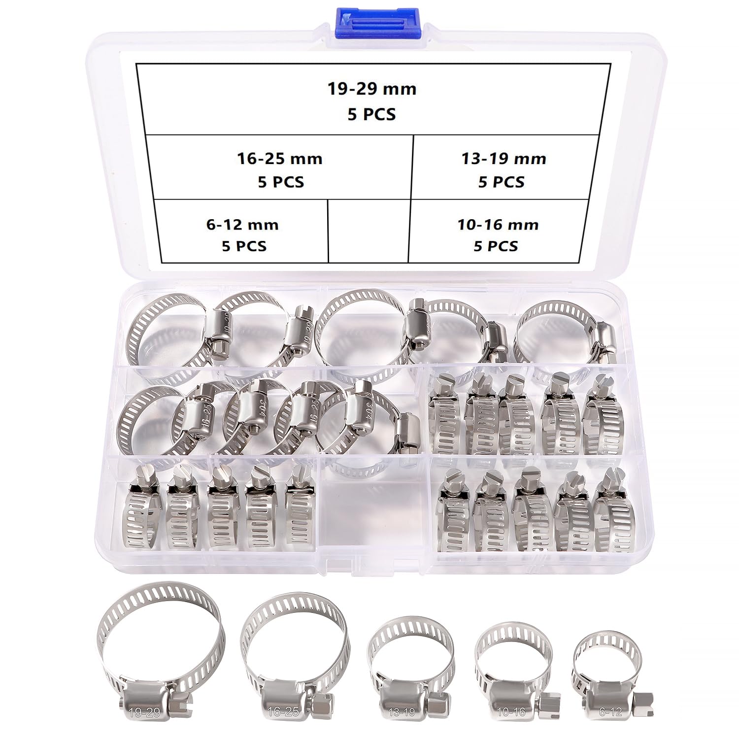 YIXISI 25 PCS 6-29 mm Hose Clips Set, 304 Stainless Steel Hose Clips, Adjustable Hose Clamps, Jubilee Clip, for Hose Pipe Tube, 6-12/10-16/13-19/16-25/19-29 mm — image 1