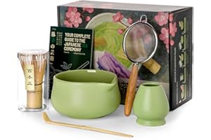 Nucookery Matcha Whisk Set - 5 Pcs Matcha Set with 18oz Ceramic Matcha Bowl (Chawan) with Spout, Bamboo Whisk & Holder, Scoop and Sifter | Complete Matcha Kit for Japanese Tea Ceremony