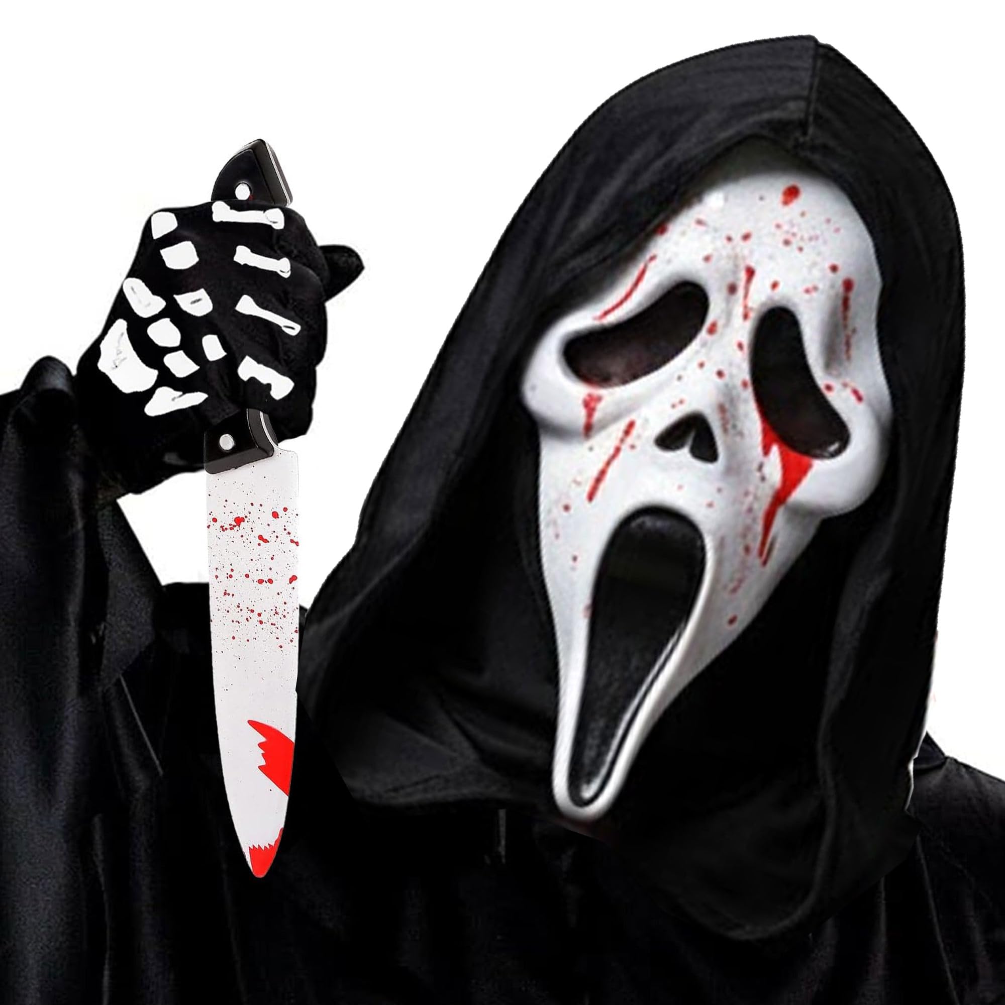 Halloween Ghost Facemask With Fake Knife, Screem Mask Trick or Treat Halloween Fancy Dress Costume Accessories for Adults and Children (Mask WIth Knife)