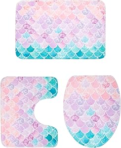 3 Pieces Mermaid Bathroom Rug Set, Ultra Soft and Absorbent Shaggy Plush Bath Rugs, Thicken, Non Slip, Machine Wash, Mermaid Bathroom Decor, Bath Rug+ U Shape Toilet Contour Rug+ Toilet Lid Cover Rug