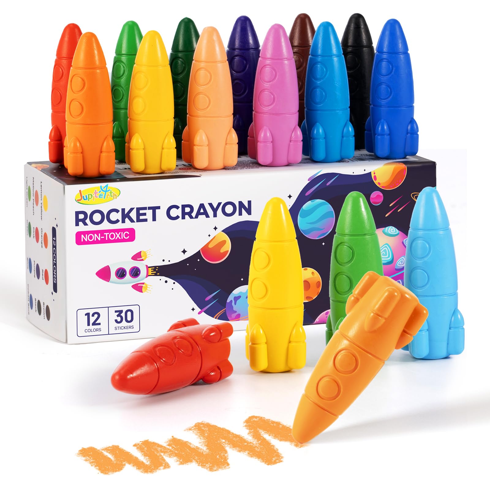 JUPITEARTH 12 Colors Crayons for Toddlers, Non-Toxic Washable Rocket Crayons, Easy-to-Hold Coloring Gifts & Art Supplies for Little Hands — image 1