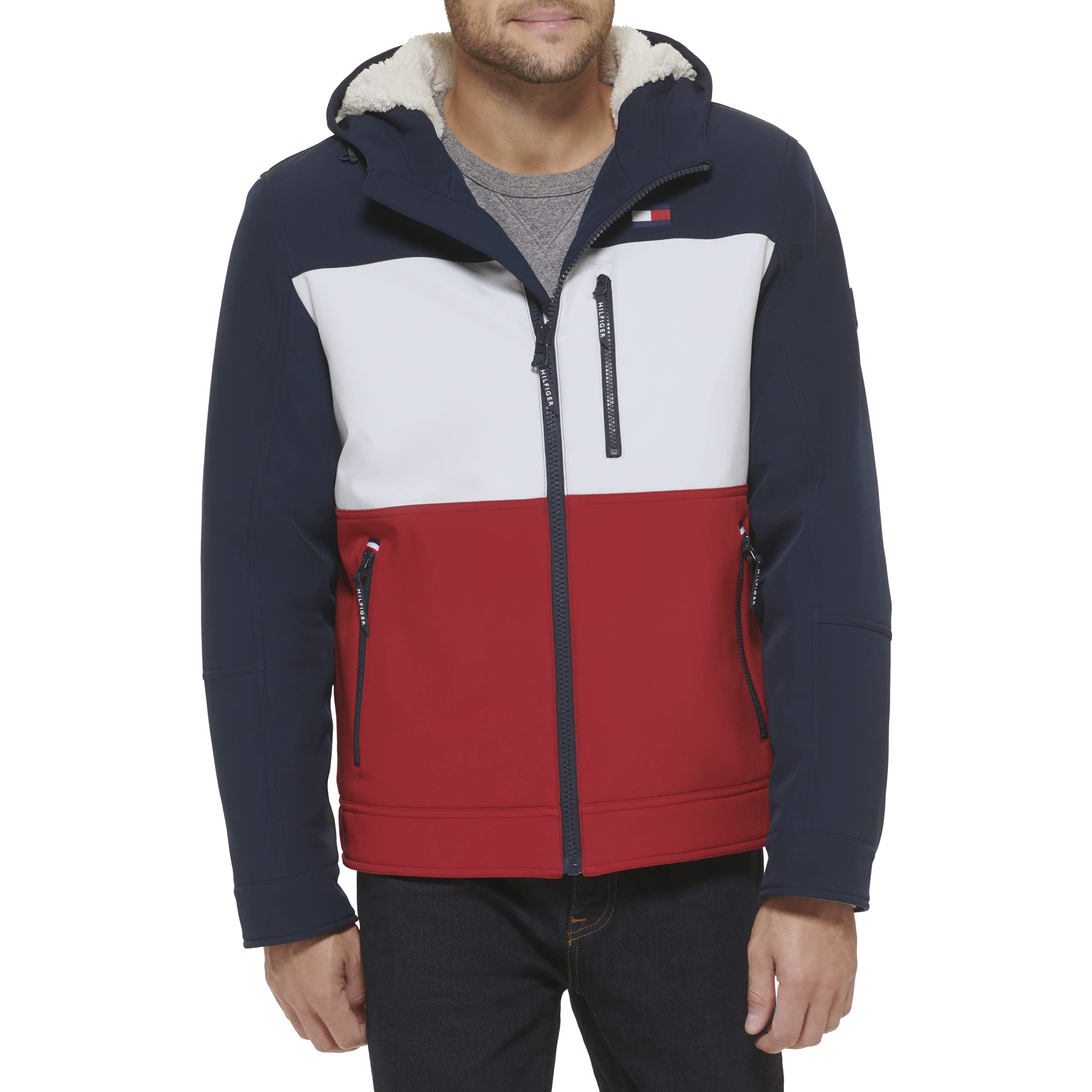 Tommy Hilfiger Men's Filled Soft Shell Hooded Open Bottom Jacket with Full Sherpa Lining, Midnight/Ice/Red Combo, XX-Large Image