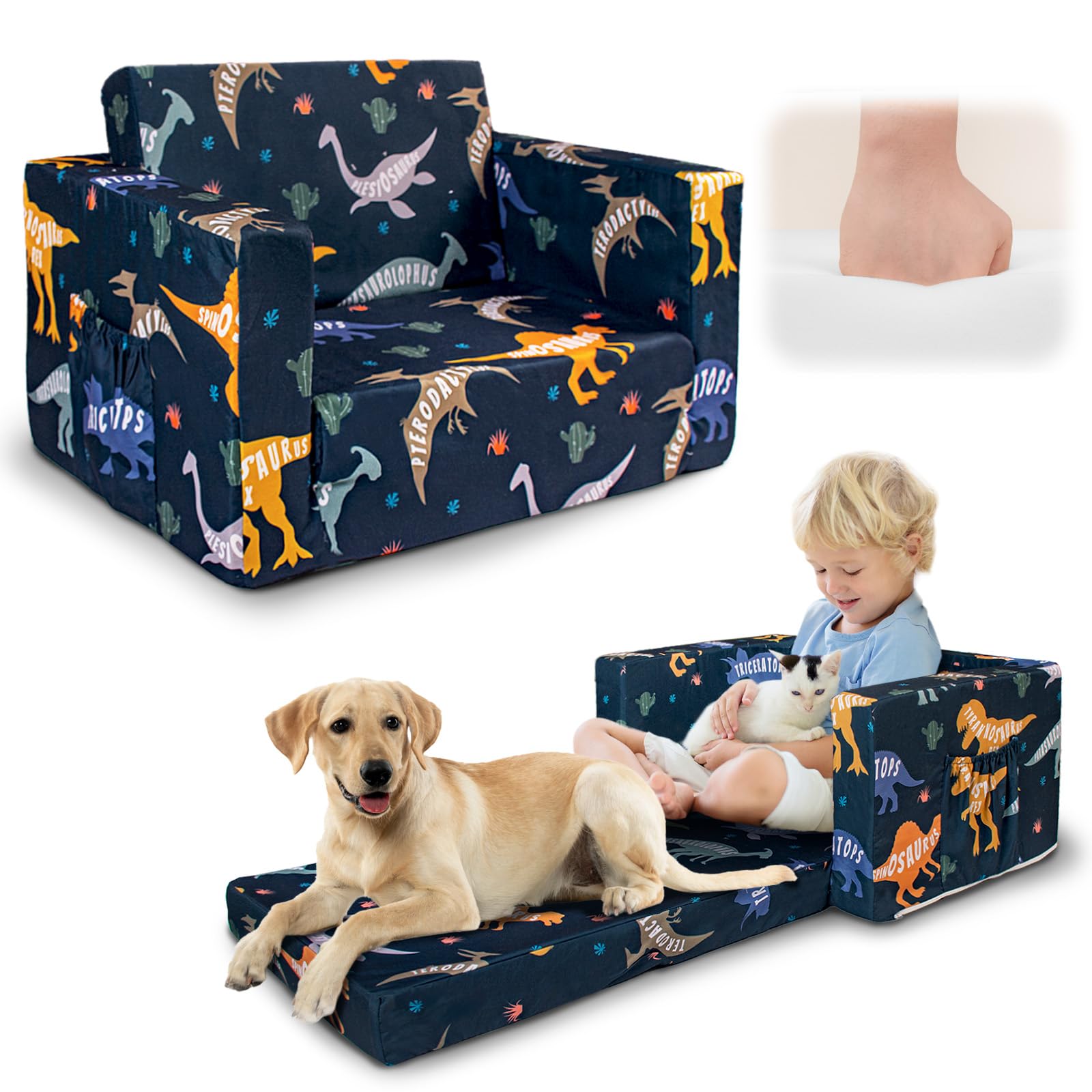 Photo 1 of Beavtaens Kids Couch, 2-in-1 Kids Fold Out Couch, Convertible Kid Sofa to Lounger for Girls and Boys, Soft Toddler Chairs Comfy 1-3 Years Old (Dinosaur)