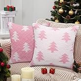 Tegeme Pink White Christmas Decorative Pillow Covers 18x18 Set of 2 Microfiber Fluffy Plush Throw Pillows Covers Soft Cozy Fluffy Christmas Winter Xmas Tree Gift for Bedroom Sofa Winter Holiday Decor