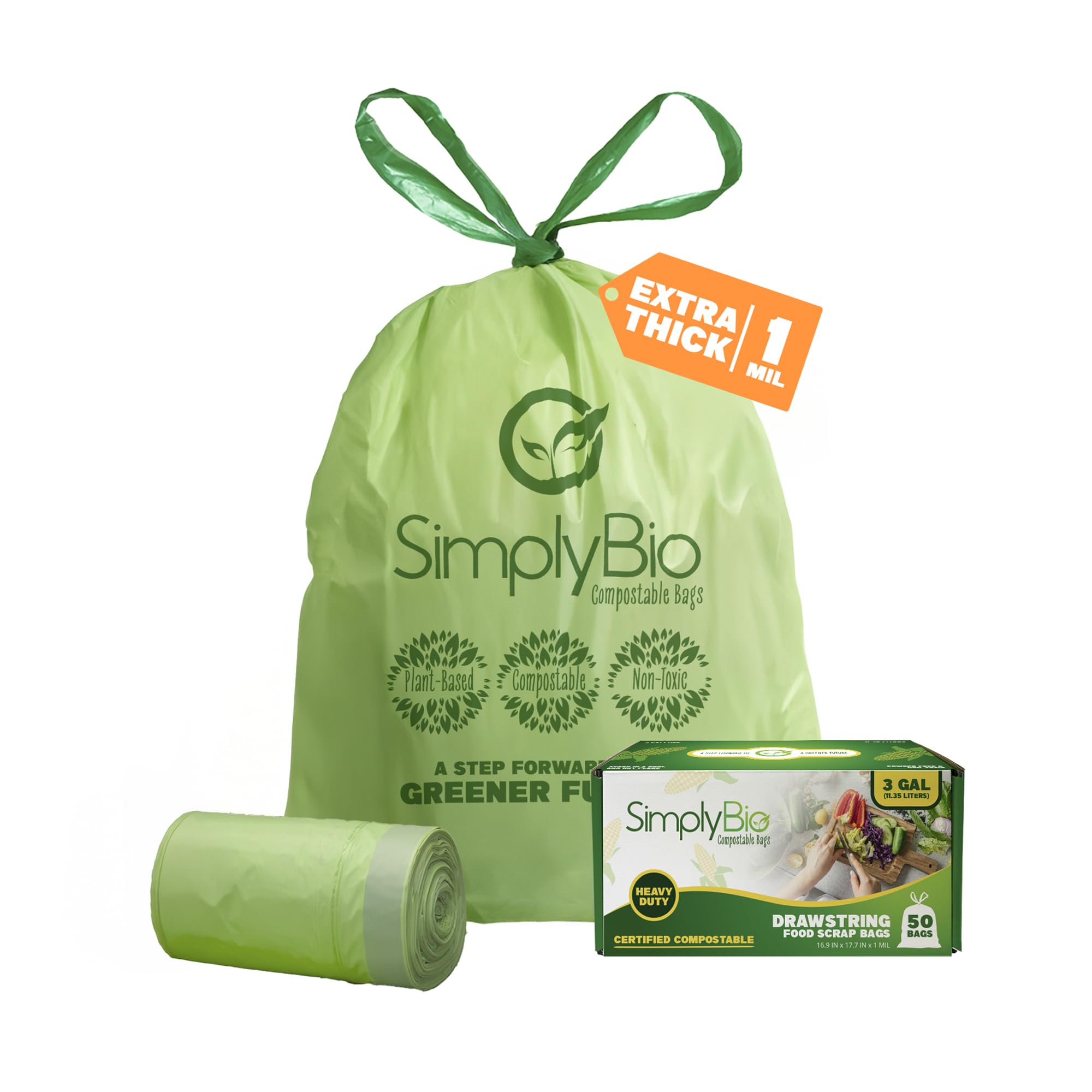 Photo 1 of Simply Bio 3 Gallon Compostable Trash Bags Liners Drawstring, Heavy Duty Extra Thick 1 Mil, 11.36 Liter, 50 Bags, Small Kitchen Food Scrap Waste Bag, ASTM D6400, US BPI and OK Compost Home Certified