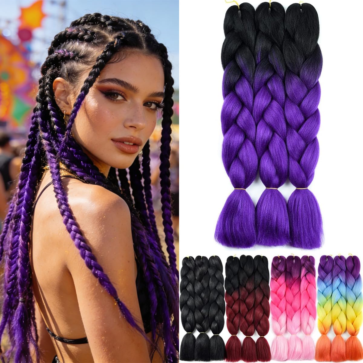 Yamel Ombre Braiding Hair Kanekalon Braiding Hair Synthetic Hair Extensions for Braiding Crochet Twist Box Braids 24 Inch 2 Tone Black to Purple 3 Packs — image 1