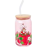 Silver Buffalo Strawberry Shortcake Vintage Glass Tumbler with Bamboo Lid and Glass Straw, 16 Ounces