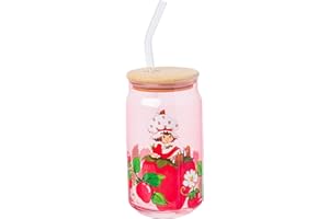 Silver Buffalo Strawberry Shortcake Vintage Glass Tumbler with Bamboo Lid and Glass Straw, 16 Ounces