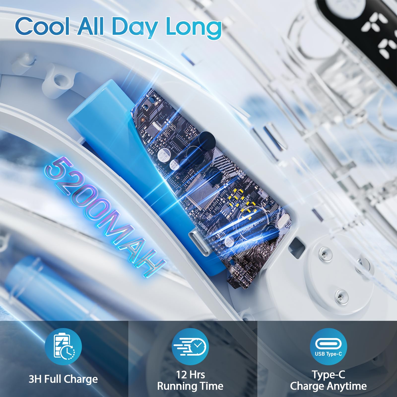 Feenleyin Neck Fan Portable Air Conditioners Personal Fans with Cooling Plate Ergonomic Fan Type-C Rechargeable 5200mAh 360° Airflow Wearable LED Screen 3 Speeds 3 Cooling Setting Gifts