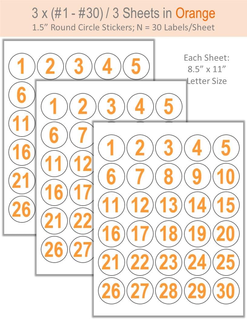 3 x (#1 - #30) Sticker On 1.5" Round Circle Label: in Pumpkin Orange Ink - White Matte Finish (Orange)