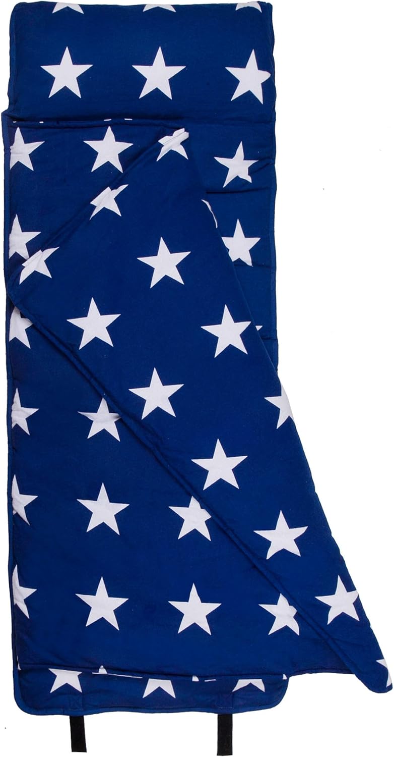 Wildkin Original Nap Mat with Pillow for Toddler Boys and Girls, Ideal for Daycare and Preschool, Measures 50 x 1.5 x 20 Inches, Mom's Choice Award Winner, BPA-Free (Blue and White Stars)