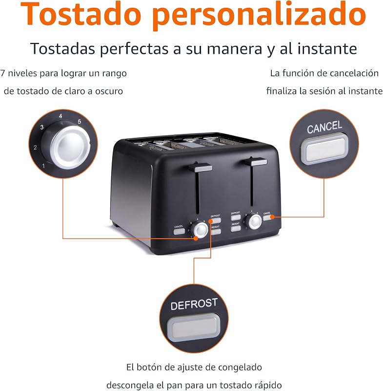 Amazon Basics 4 Torradeira de fatias com 7 níveis de torrefação e bandeja de migalhas removível, slots extra largos, 800W, preto