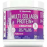 Multi Collagen Protein + Creatine | 5g Creatine Monohydrate with Collagen Types I, II, III, V & X | Hair, Skin, Nail, Muscle & Performance Support | Vitamin C & Hyaluronic Acid, 30 Servings Unflavored
