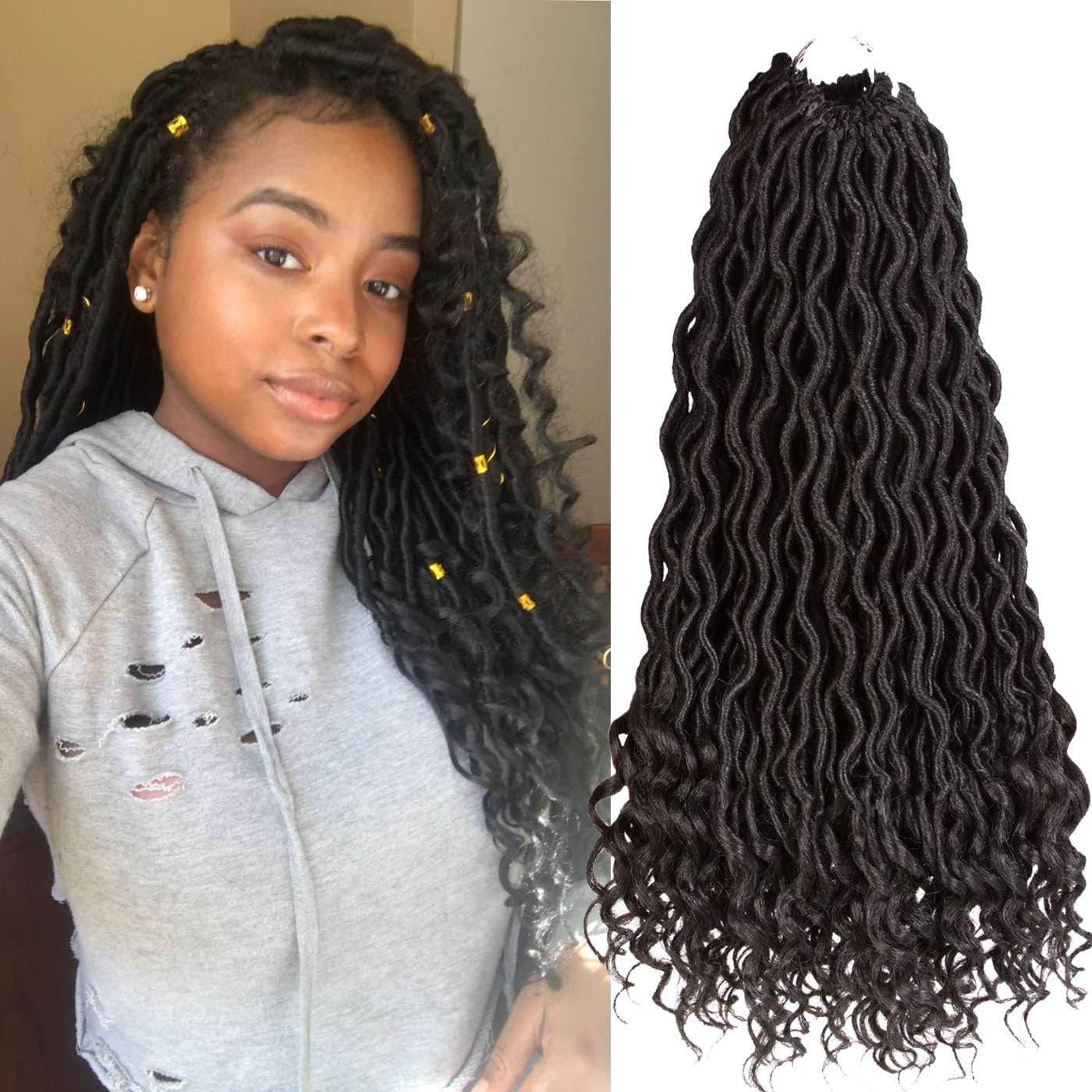 Curly Faux Locs Crochet Hair Deep Wave Braiding Hair With Curly Ends Crochet Goddess Locs Synthetic Braids Hair Extensions (18"-3bundles, 1B)